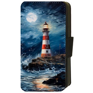 Pintura a óleo Farol Noite Mares Design Impresso Flip/Carteira Capa de Telefone para Apple iPhone (B)
