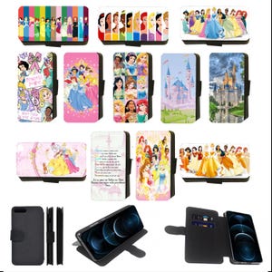 ディズニープリンセスキャッスル風フリップ/ウォレットフォンケース。Apple iPhone、Google Pixel、Samsung Galaxy (S2) に対応。