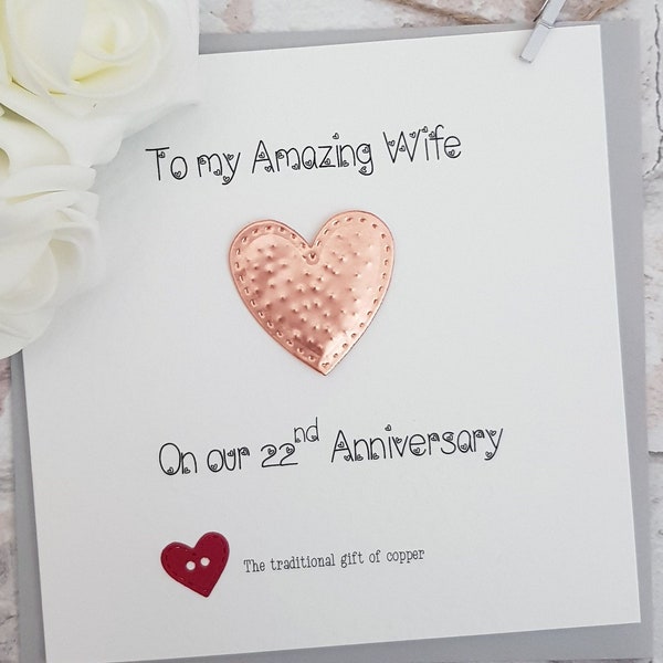 Cute 22nd Anniversary Copper Card, Romantic Copper Heart Card with Red Heart Detail, Personalised Gift for Wife Husband Couple