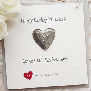 Carte de 11e anniversaire, carte d'anniversaire en acier, cadeau de 11e anniversaire de mariage, carte personnalisée femme, mari, couple, carte cadeau fait main, carte 3D