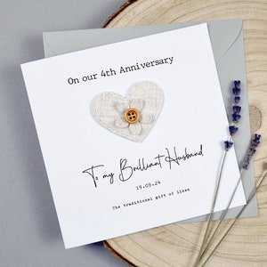 Carte 4 ans, anniversaire lin, cadeau d'anniversaire de mariage lin, carte personnalisée femme, mari, couple, carte cadeau fait main, cadeau 4 ans