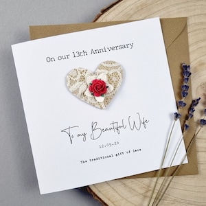 13th anniversary card Lace wedding anniversary 13th handmade gift Personalised 13 year marriage Husband Wife Couple Him Her 13 Lace keepsake