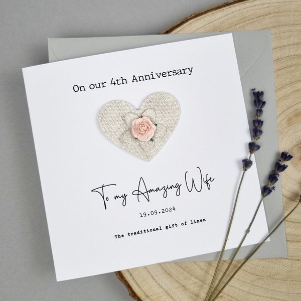 4th anniversary card Linen wedding gift 4th flower card Personalised Wife Husband Couple Him Her 4 year marriage keepsake Handmade card