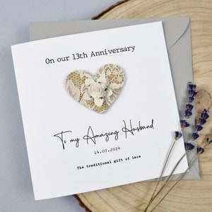 Carte du 13e anniversaire, carte d'anniversaire de la dentelle, cadeau du 13e anniversaire de mariage, carte personnalisée pour femme, mari, cadeau de carte fait main pour couple