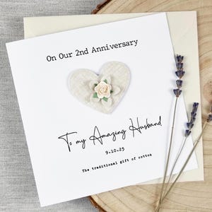 2nd COTTON anniversary card wedding anniversary 2nd handmade gift Personalised 2 years  marriage Husband Wife Couple Him Her Cotton keepsake
