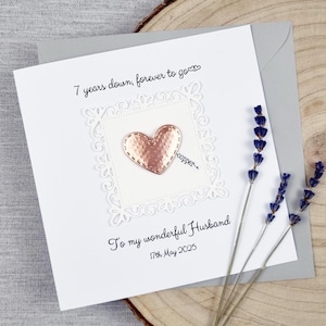 Joli cadeau d'anniversaire en CUIVRE 7e carte de mariage 7e cadeau fait main 7 ans de mariage personnalisé femme mari couple lui carte souvenir 3D
