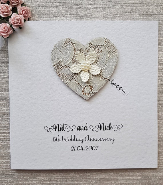 Lace Heart Personalised Handmade 13th Wedding Anniversary Card For Them 