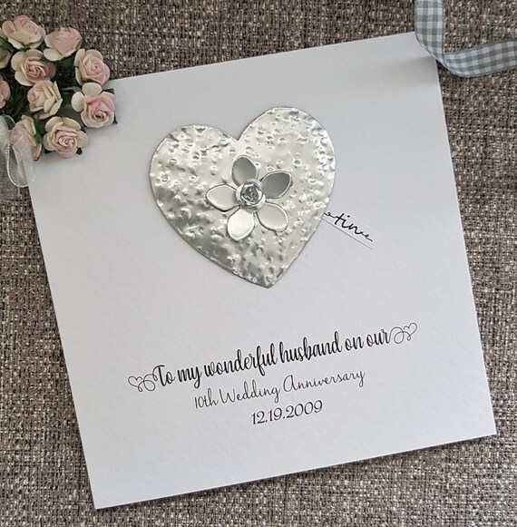 10th anniversary card, tin anniversary card,10th wedding anniversary gift,  personalised card for wife, husband,couple handmade card gift