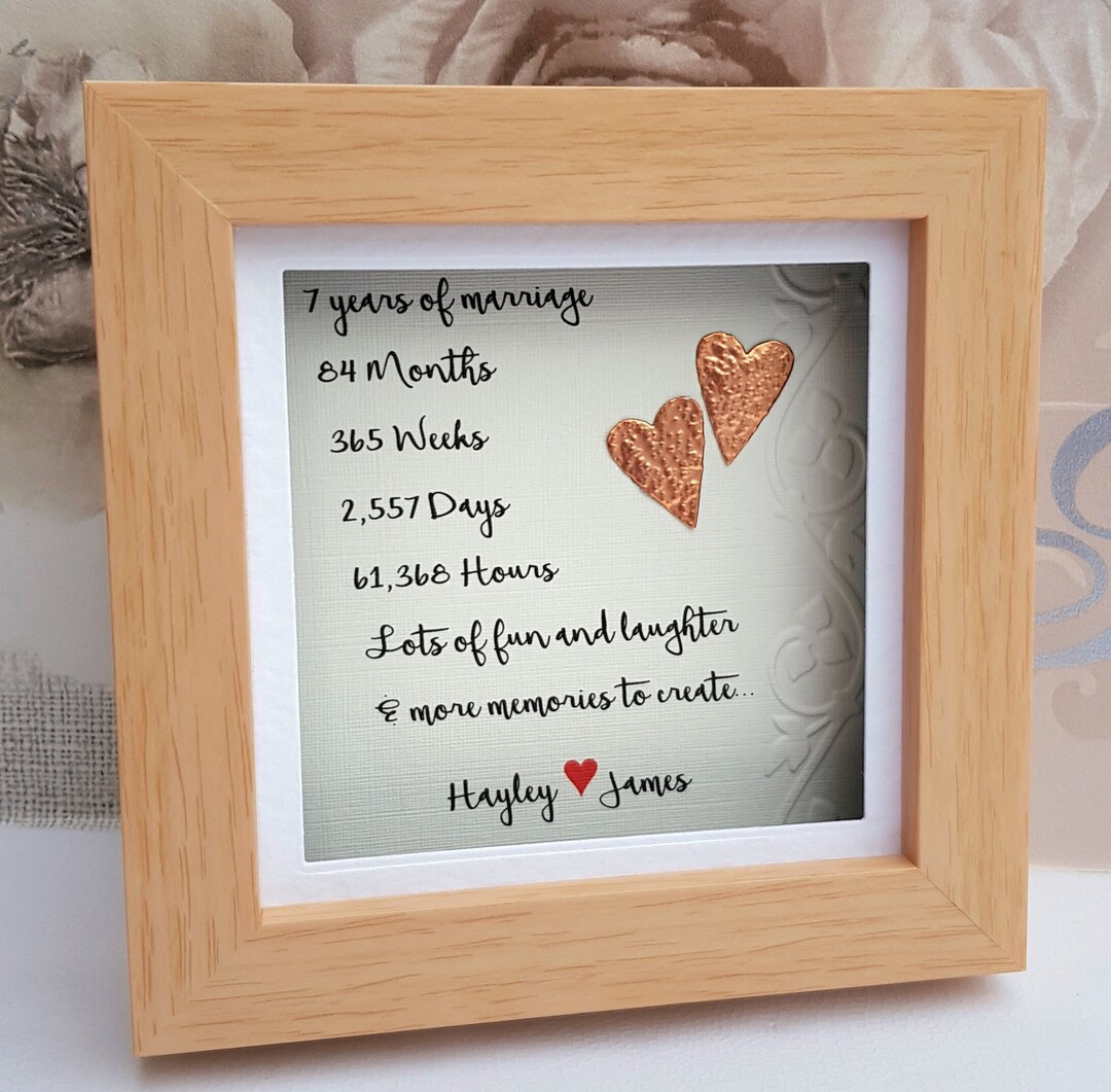 Personalized 7th Anniversary Copper Heart in White Frame, Handmade