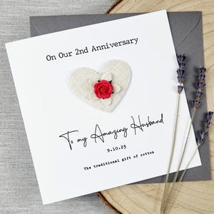 2nd anniversary card COTTON wedding anniversary 2nd handmade gift Personalised 2 years  marriage Husband Wife Couple Him Her Cotton keepsake