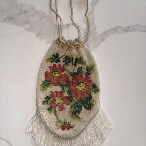 Vintage Micro Beaded Reticule Drawstring Purse Floral Flapper Evening Bag