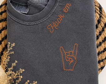 Camiseta de manga corta bordada a mano "Hook Em" de la Universidad de Texas - Fútbol americano universitario de Texas