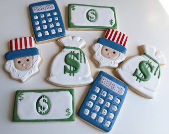 Tax Day Sugar Cookies money bags and calculators only /accountant (36 cookies)