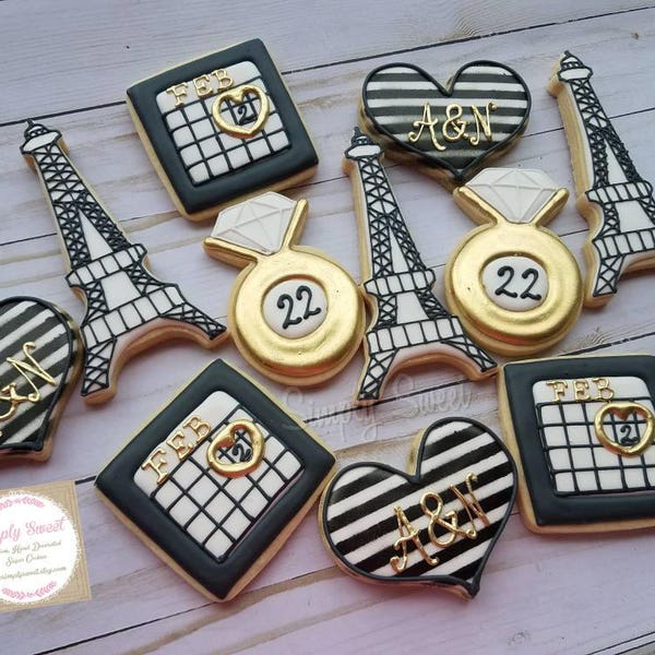 Paris themed Save the date/bridal shower/engagement cookies (36 cookies)