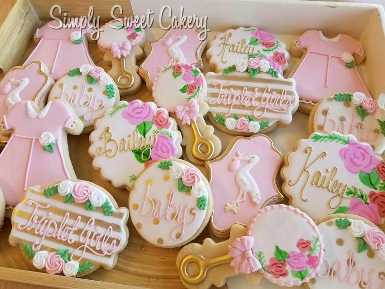 Floral Stork Baby Shower Cookies Baby Flowers Storks 24 Etsy