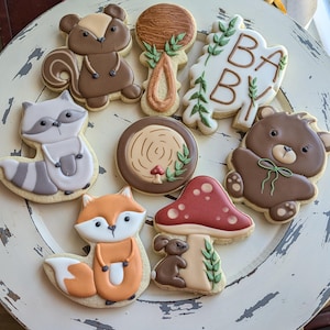 May include: A set of nine decorated sugar cookies featuring woodland animals, a tree stump, a mushroom, and a rattle. The cookies are decorated with brown, white, gray, red, and green icing. The cookies spell out "Baby" in white icing.