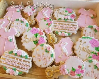 Floral stork baby shower cookies (40 cookies)