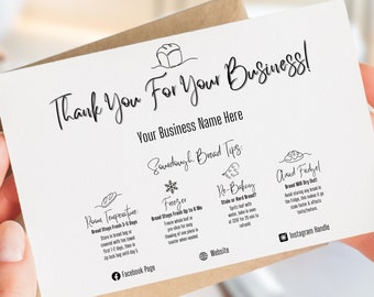 Sourdough Care Card, Bread Thank You; Bread Loaf Storage Instructions, Printable Template; Home Bakery Care Guide, EDITABLE Digital Download