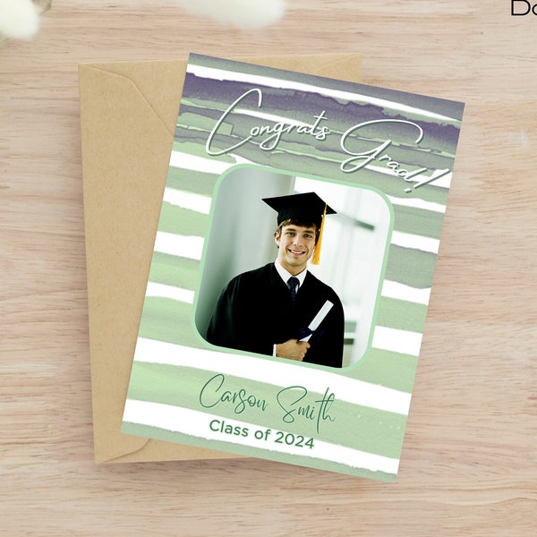 Stripe Graduation Party Invitation; College Graduate Invite; High School Grad Party Printable or Digital; Blue Green White Editable Template