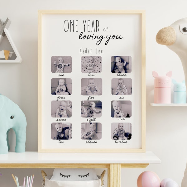 One Year Photo Board; One Year of Loving You Milestone Poster; First Birthday Sign; 1st Photo Collage Print; Baby Pictures Editable Template