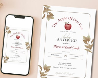 Apple Of Our Eye Baby Shower Invitation Editable Template; Fall Leaf Sprinkle Invite; Unisex Couple Baby Shower Digital Download; Printable