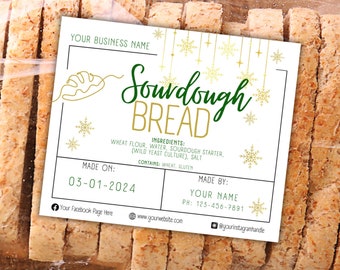 Christmas Ingredient Label, Holiday Bread Stickers For Home Baker or Bakery; Green Gold Winter Printable Sourdough Editable Template