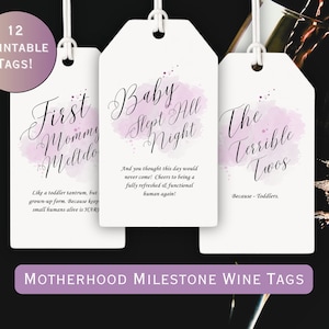 Motherhood Milestone Wine Tags; Wine Basket Gift Tags; New Mom Gift Basket; Printable Mommy Milestone Labels; Baby Shower Present; Mom To Be