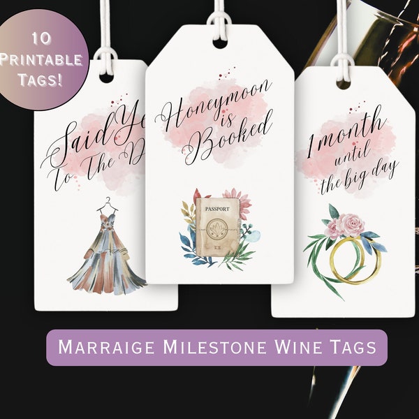 Engagement Milestone Wine Tags; Bridal Wine Basket Gift Tag; Bride Gift Basket; Printable Wedding Planning label; Editable Digital Download