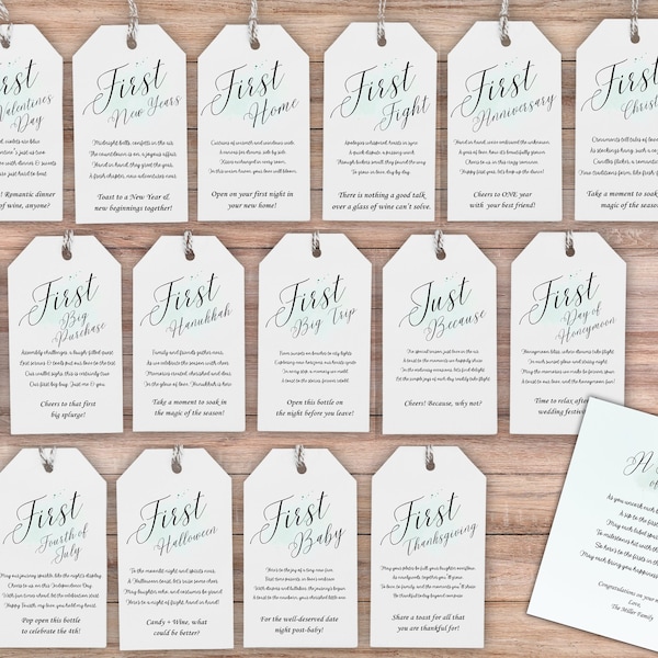 First Year of Marriage Milestone Wine Tags; Newlywed Gift Basket; Wine Basket Firsts; 1st Year Together; Bridal Shower; Digital Printable