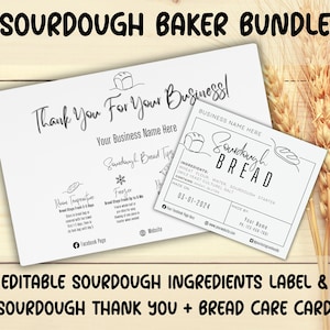 BUNDLE Sourdough Care Card, Bread Thank You; Storage Instructions; Bread Ingredient Label; Home Bakery; EDITABLE Printable; Digital Template