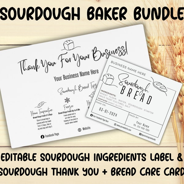 BUNDLE Sourdough Care Card, Bread Thank You; Storage Instructions; Bread Ingredient Label; Home Bakery; EDITABLE Printable; Digital Template