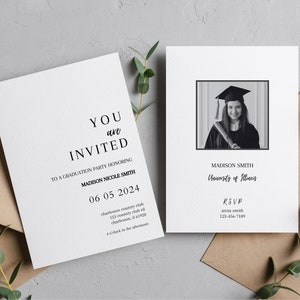 Graduierung Party Einladung; College-Graduat einladen; Abitur druckbare oder digitale einladen; Minimalistische Schwarz Weiß Bearbeitbare Vorlage