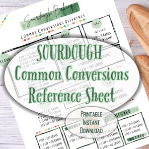 Può includere: Un foglio di riferimento stampabile per le conversioni di cottura con lievito madre con uno sfondo acquerellato verde. Il foglio include conversioni comuni per farina, acqua, lievito, olio, miele, burro e scarto. Il testo "Sourdough Common Conversions Reference Sheet" è in un grande carattere verde.