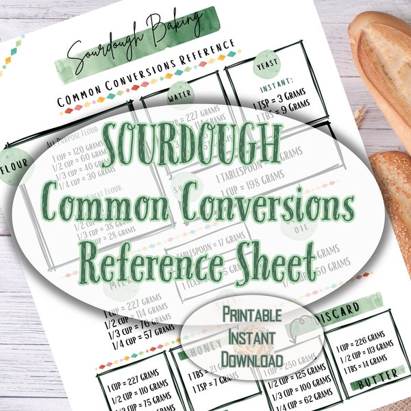 Sourdough Baking Common Conversions Reference Sheet; Bread Ingredient Equivalencies Guide; Baking By Weight For New Baker; Digital Print