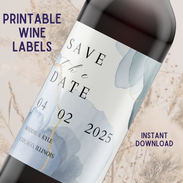 Save The Date Wine Label; Blue Watercolor Wedding Announcement Wine Sticker; Printable Minimal Wedding Bottle Label; Editable Template