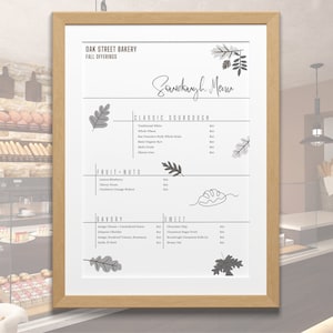Menu d'automne de pains au levain, prix saisonniers et liste d'options ; Menu de boulangerie personnalisé ; Boulangerie familiale ou boulangerie ; Modèle imprimable ; MODIFIABLE Télécharger