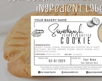 Sourdough Peanut Butter Cookie Ingredient Label, Made On & Made By Card; Rectangle Sticker For Home Baker or Bakery; Printable Template DIY