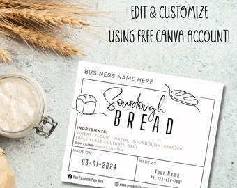 Sourdough Ingredient Label Card, Bread Made On & Made By; Custom Stickers For Home Baker or Bakery; Printable Template; EDITABLE Download