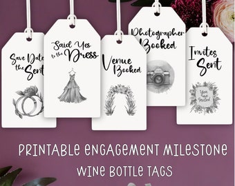 Etiquetas de vino de hitos de compromiso; Etiqueta de regalo de cesta de vino nupcial; Cesta de regalo de novia; Etiqueta de planificación de bodas imprimible; Descarga digital
