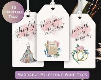 Etiquetas de vino para hitos de compromiso; Etiqueta de regalo para canasta de vino para novias; Canasta de regalo para novias; Etiqueta imprimible para planificación de bodas; Descarga digital editable
