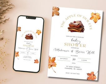 Apple Of Our Eye Baby Shower Invitation Editable Template; Fall Leaf Sprinkle Invite; Unisex Couple Baby Shower Digital Download; Printable