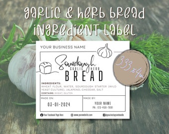 Cottage Law Garlic Herb Sourdough Ingredient Label, Bread Bakery Business; Rectangle Stickers Home Baker; Printable Template; Download DIY