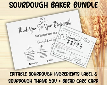 BUNDLE Sourdough Care Card, Bread Thank You; Storage Instructions; Bread Ingredient Label; Home Bakery; EDITABLE Printable; Digital Template