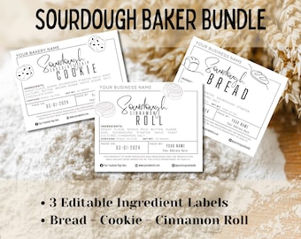 Sauerteig Zutat Label Bundle, Brot, Keks, Zimtrolle; Benutzerdefinierte Aufkleber für Hausbäcker oder Bäckerei; DIY druckbare Vorlage; BEARBEITBAR