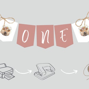 Holy Cow I&#39;m One Theme Highchair Banner; Printable Highland Cow Birthday Bunting; Editable Template; Custom Number Flag; Farm Animal Bday