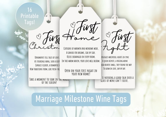 First Year of Marriage Milestone Wine Tags; Newlywed Gift Basket; Wine Basket Firsts; 1st Year Together; Bridal Shower; Digital Printable