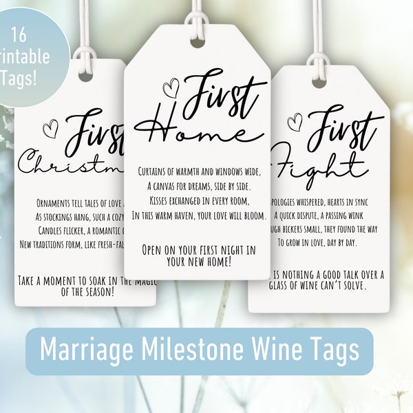 First Year of Marriage Milestone Wine Tags; Newlywed Gift Basket; Wine Basket Firsts; 1st Year Together; Bridal Shower; Digital Printable