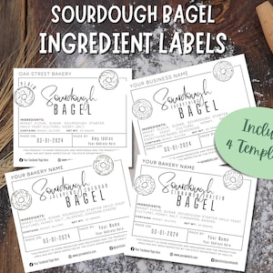 サワードウベーグルの材料ラベル、カードで作成、カードで作成。ホームベーカーまたはコテージローベーカリー用の長方形ステッカー4枚パック。印刷可能なバンドル。