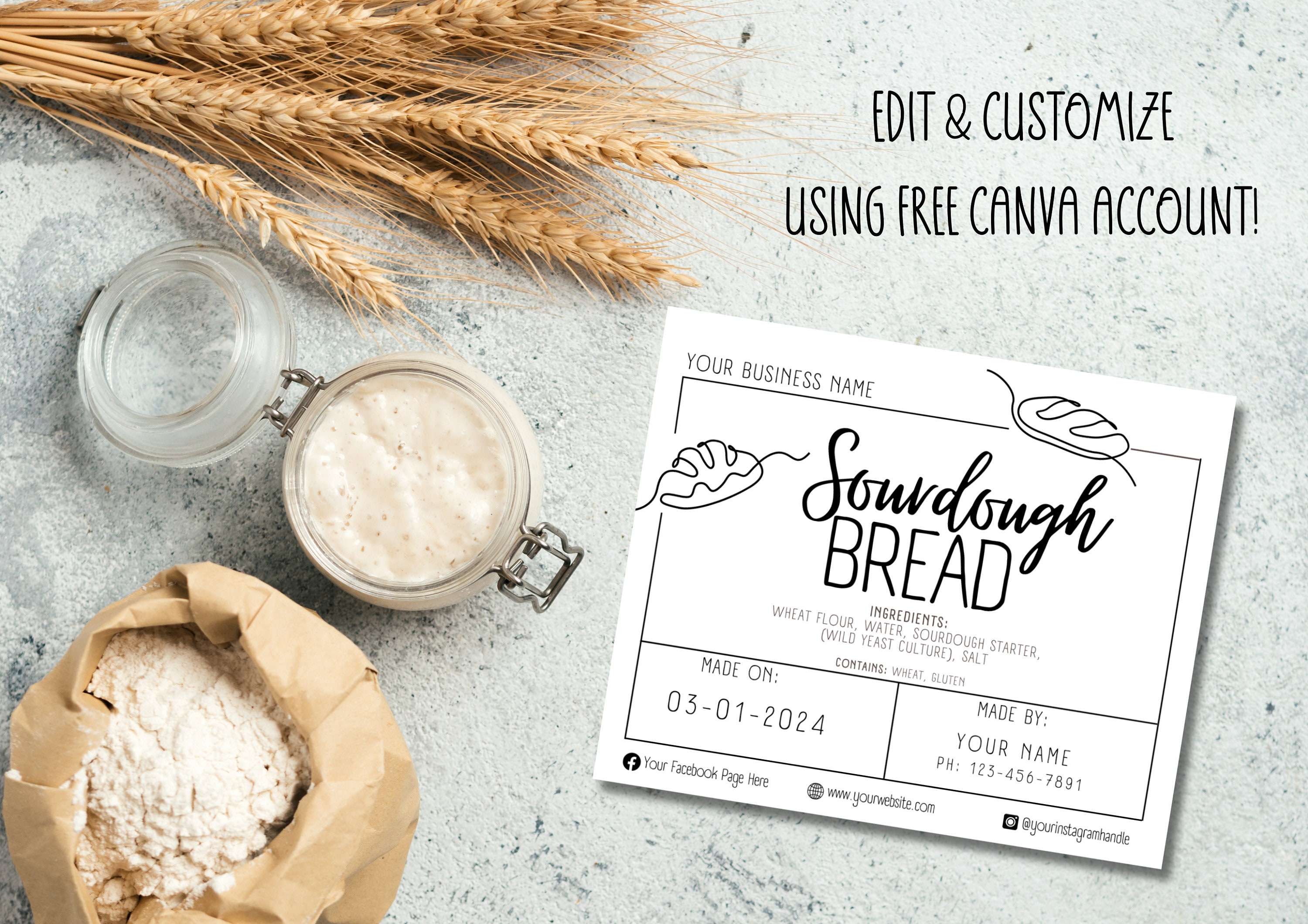 Sourdough Ingredient Label Card, Bread Made on & Made By; Custom ...