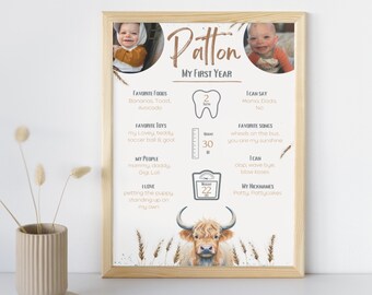May include: A personalized first year milestone chart for a baby boy named Patton. The chart features a brown highland cow illustration, a tooth, a height chart, a weight scale, and a list of the baby's favorite foods, toys, songs, and activities. The chart is decorated with wheat stalks and a brown and white color scheme.